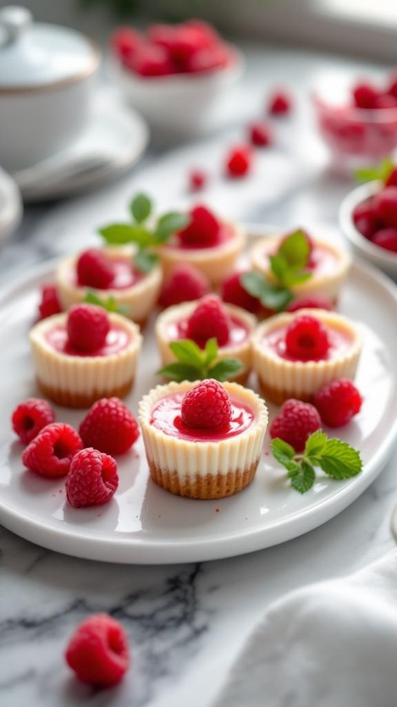 A plate of raspberry cheesecake bites decorated with fresh raspberries and mint leaves.