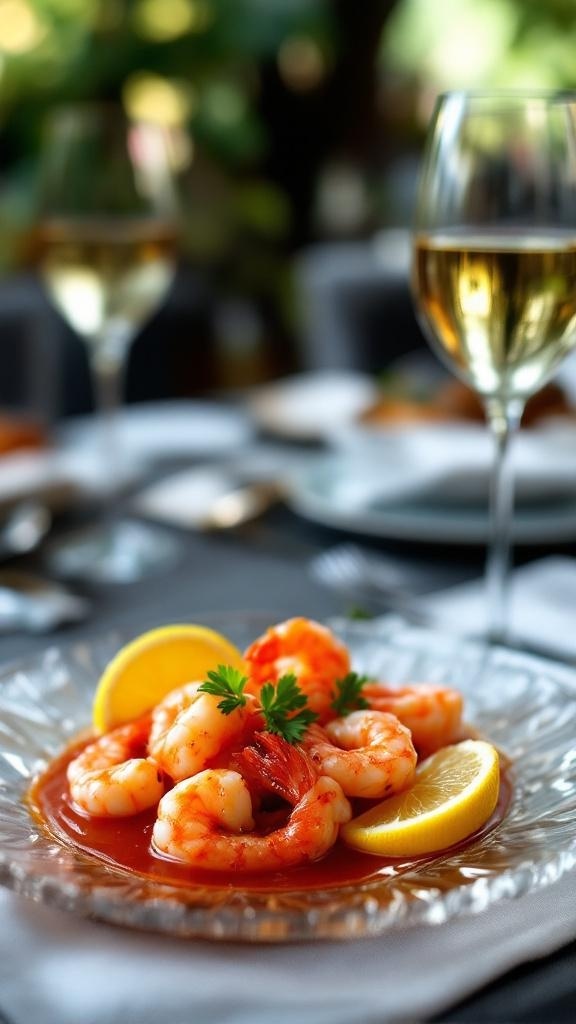 A plate of shrimp cocktail garnished with lemon slices and parsley, with glasses of white wine in the background.
