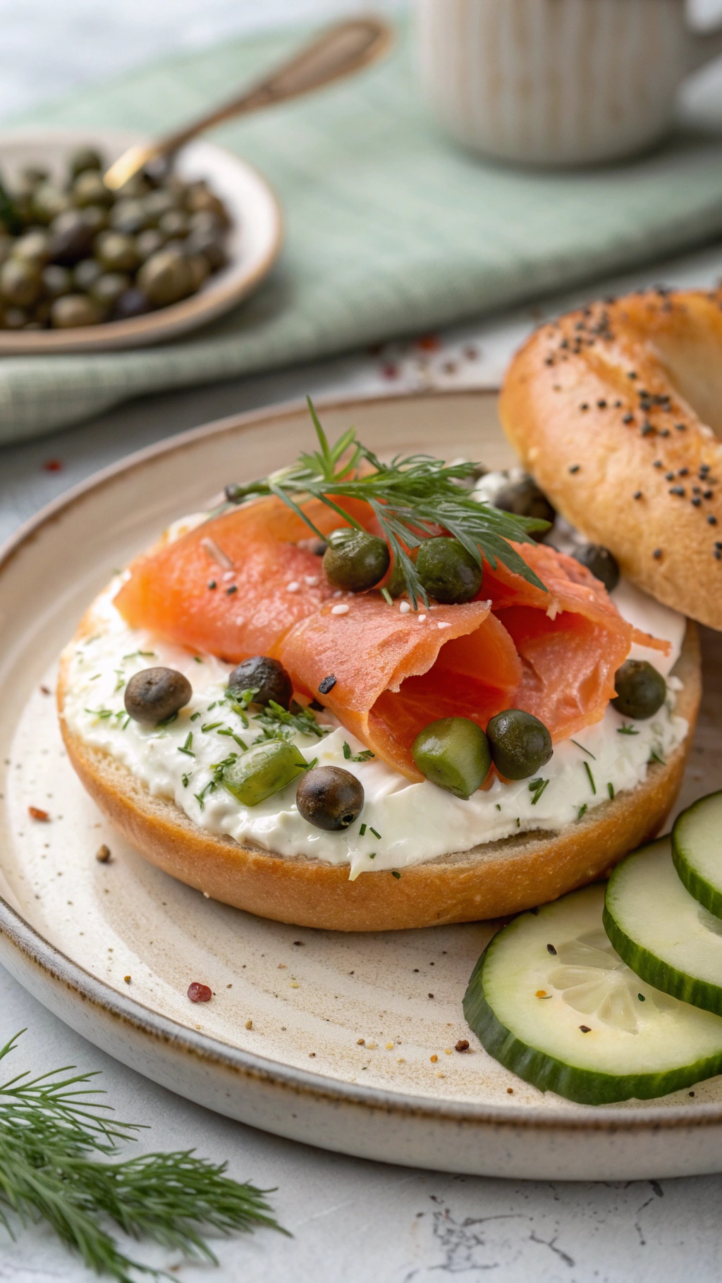A smoked salmon bagel topped with cream cheese, capers, and dill on a plate with cucumbers on the side.