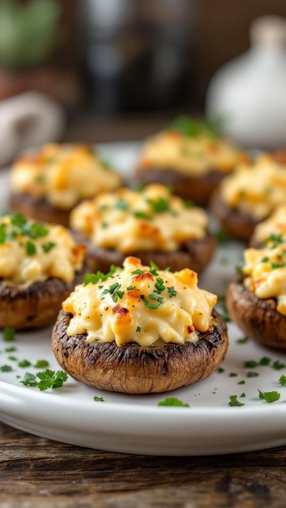 Stuffed mushroom caps filled with creamy cheese and topped with herbs on a white plate.