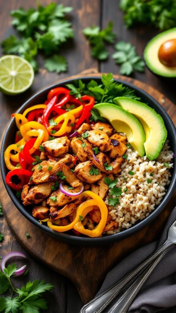 A colorful chicken fajita bowl with shredded chicken, bell peppers, avocado, and brown rice.