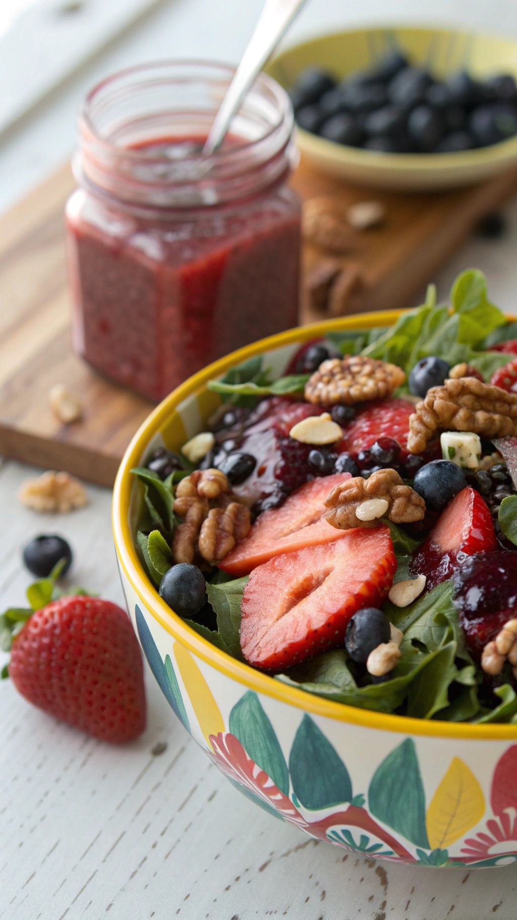 A colorful salad topped with blueberries, strawberries, walnuts, and a jar of blueberry vinaigrette.