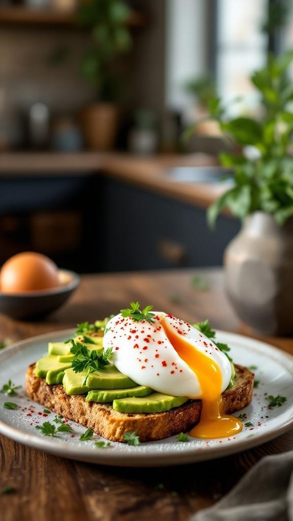 A plate of avocado toast topped with a poached egg, garnished with herbs and red pepper flakes.
