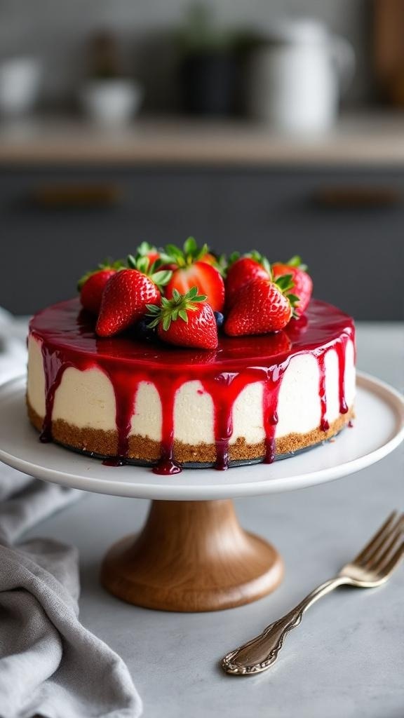 A no-bake cheesecake topped with strawberries and berry sauce, displayed on a wooden cake stand.