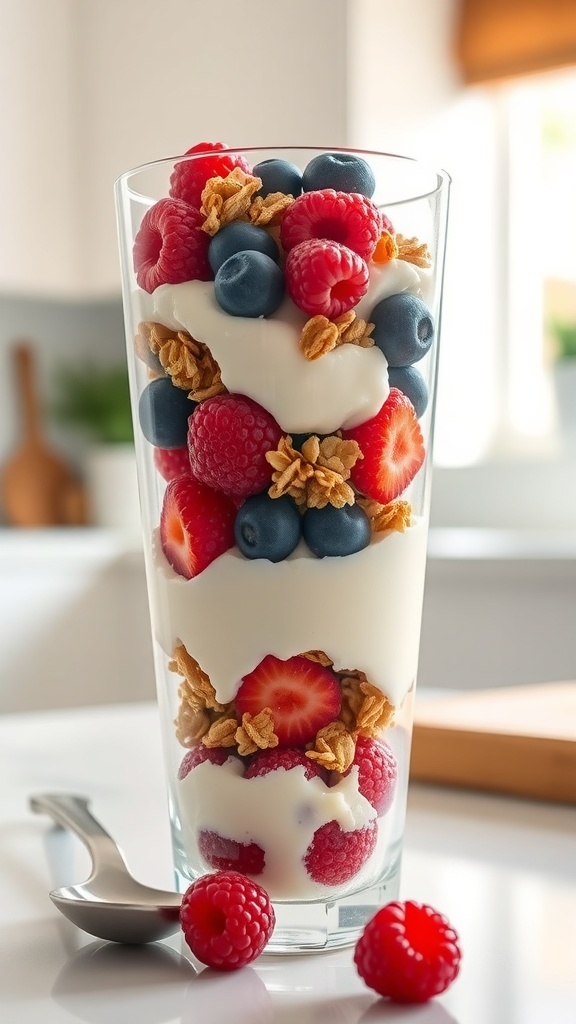 A delicious Greek yogurt parfait with layers of yogurt, berries, and granola in a glass.