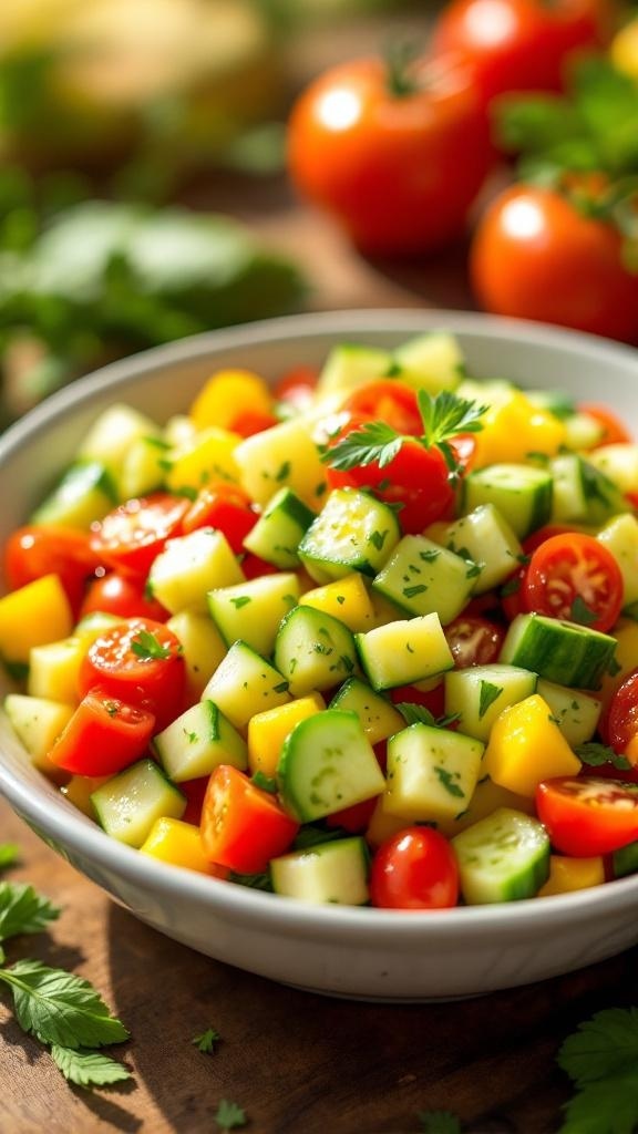 A colorful cucumber tomato salad with diced cucumbers, cherry tomatoes, and bell peppers in a bowl.