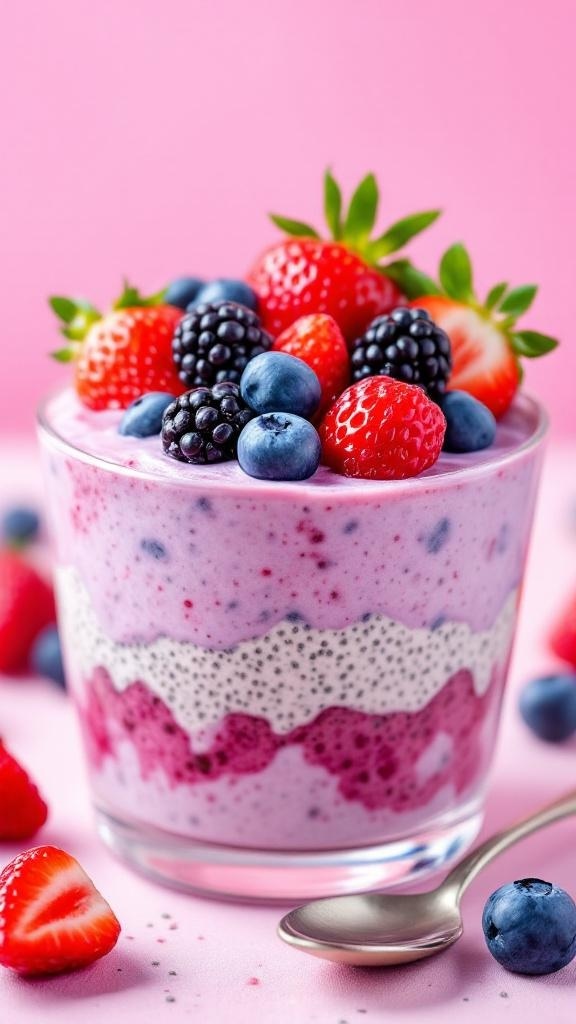 A colorful berry burst chia seed pudding in a glass, topped with strawberries, blueberries, and blackberries.