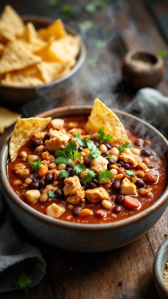 A bowl of hearty chicken chili topped with cilantro and tortilla chips on the side.