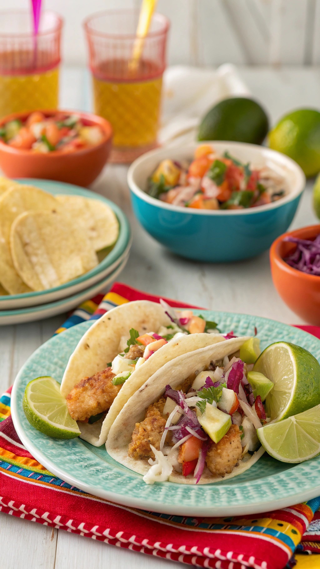 A plate of Mediterranean fish tacos with fresh toppings and lime wedges