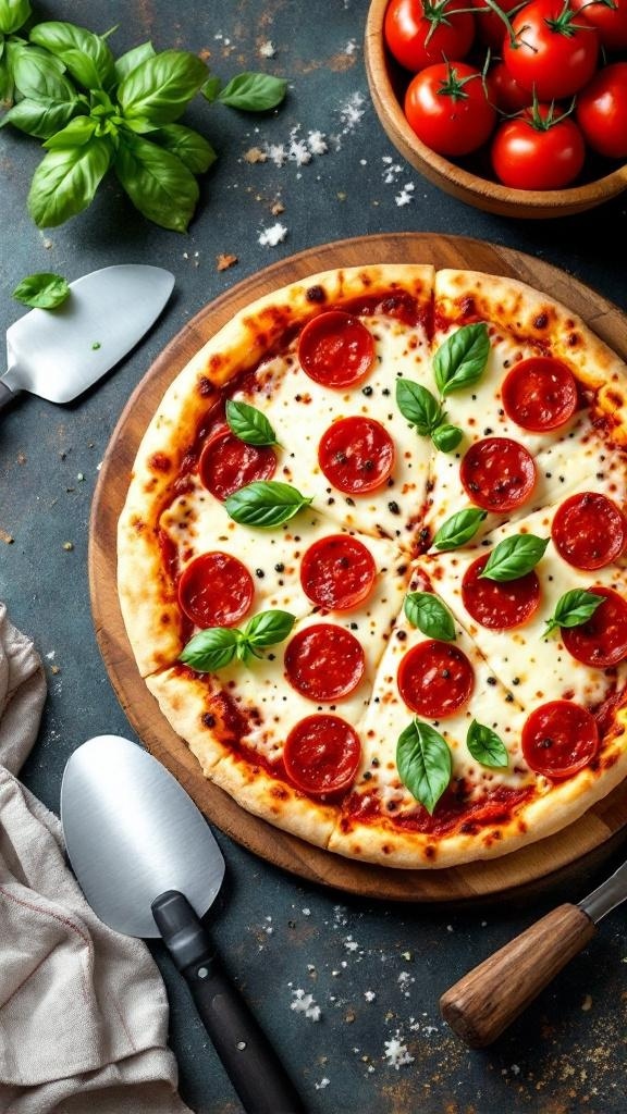 A delicious keto pizza topped with pepperoni and fresh basil, surrounded by cherry tomatoes and basil leaves.