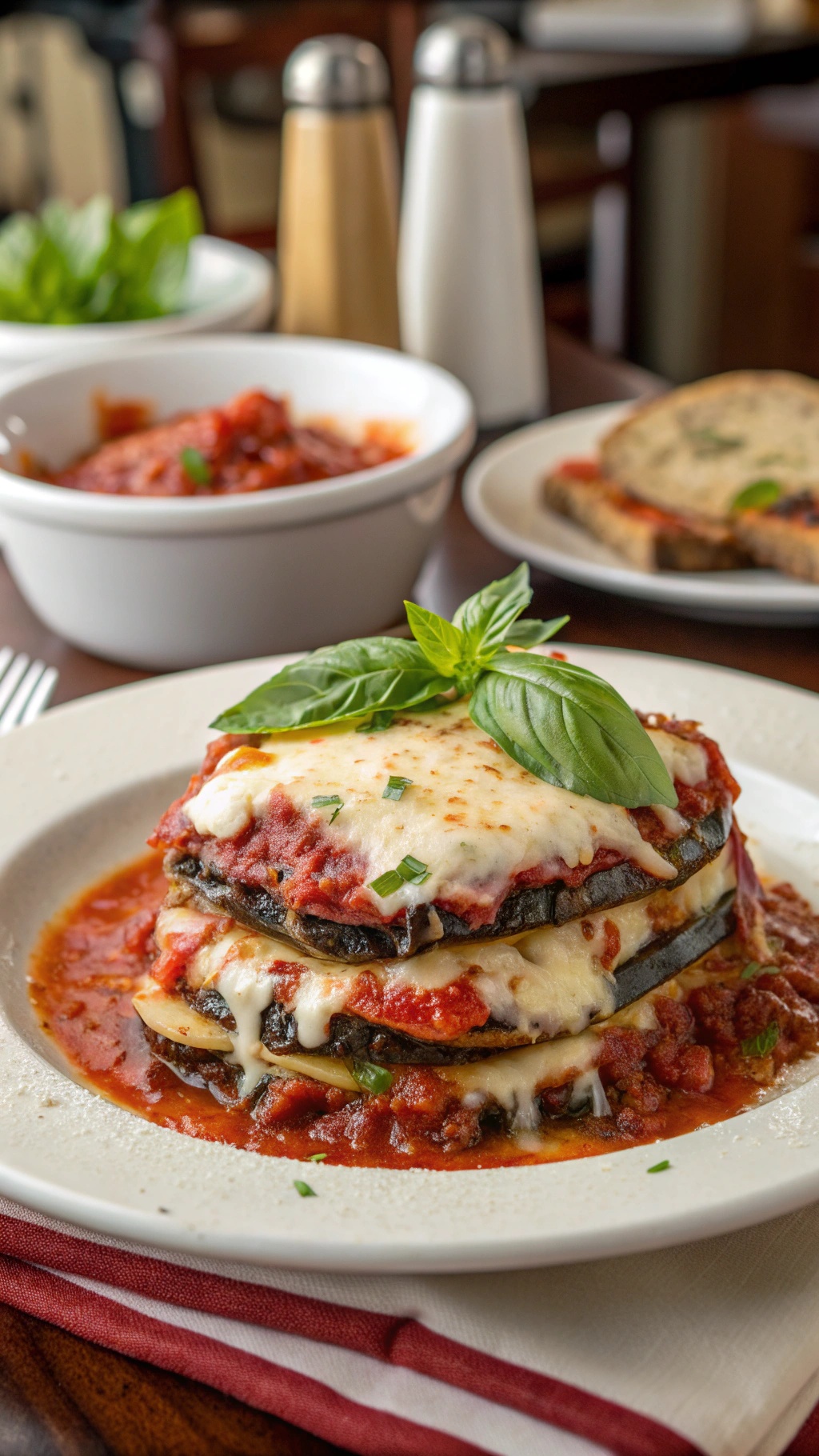 A delicious serving of Eggplant Parmesan with layers of eggplant, cheese, and tomato sauce, garnished with fresh basil.