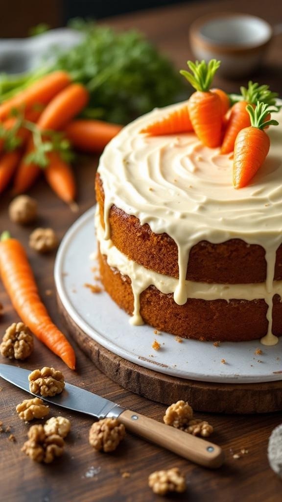 A beautifully decorated carrot cake with cream cheese frosting and fresh carrots on top, surrounded by walnuts and fresh carrots.
