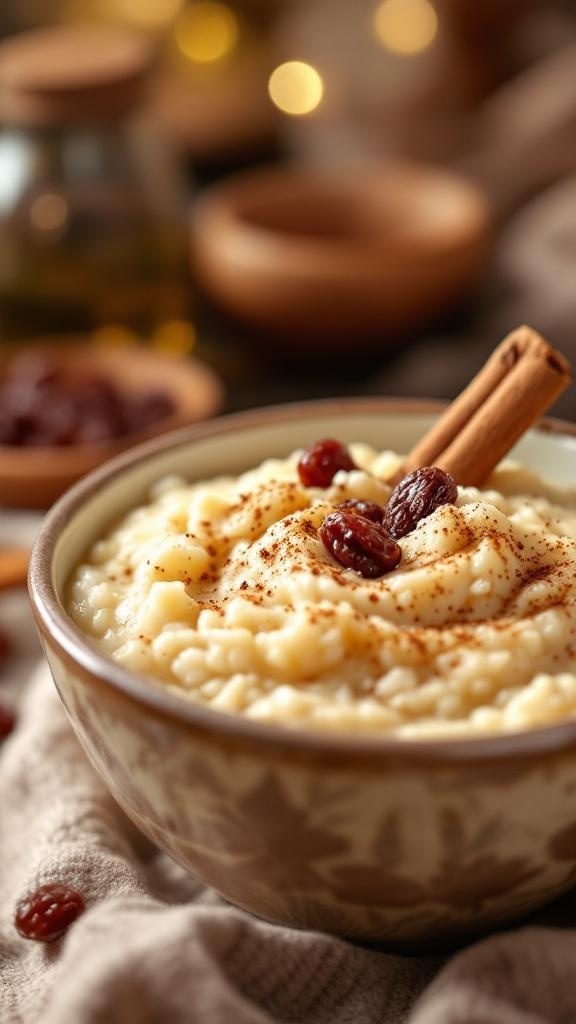 A bowl of creamy rice pudding topped with cinnamon and raisins, set against a cozy background.