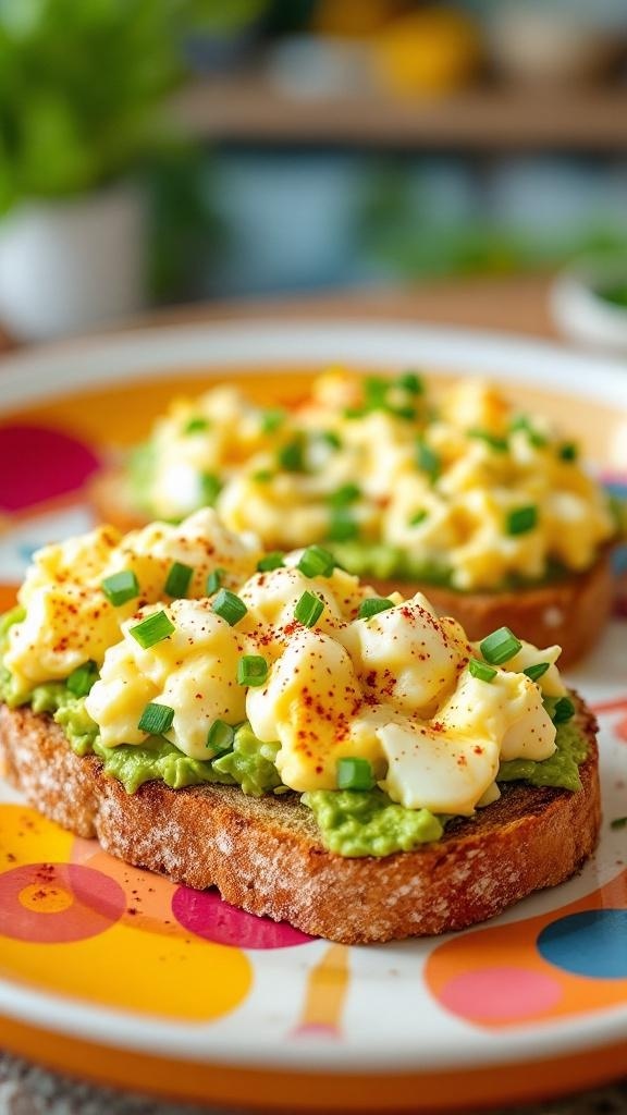 Egg salad on avocado toast with green onions and paprika on a colorful plate
