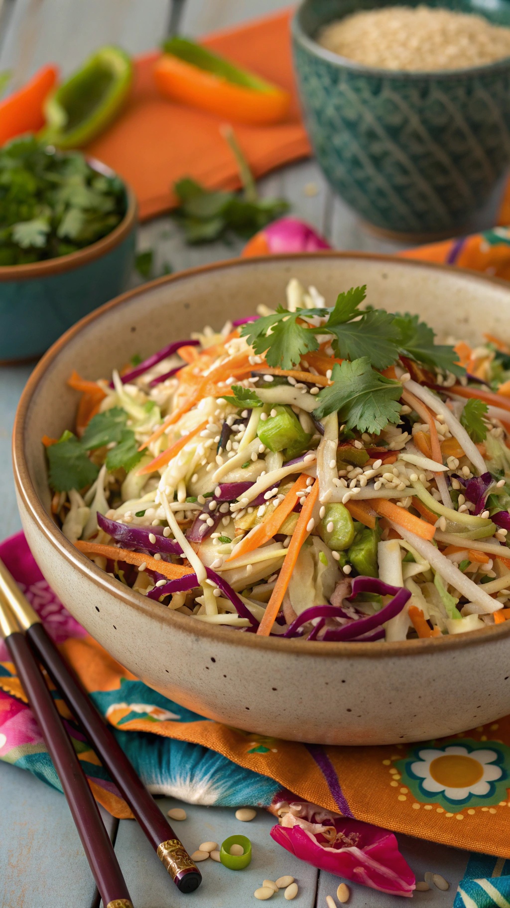 A bowl of exotic Asian slaw with colorful vegetables topped with sesame seeds and cilantro.