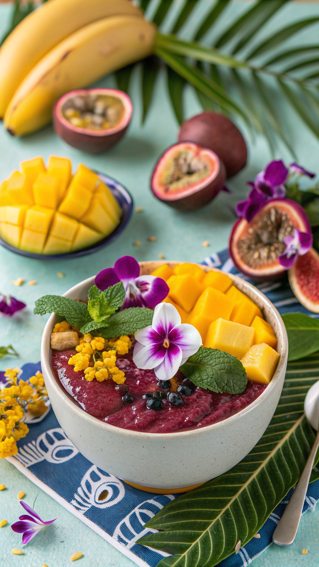 A vibrant Mango and Passion Fruit Acai Bowl topped with fresh mango, passion fruit, edible flowers, and mint leaves.