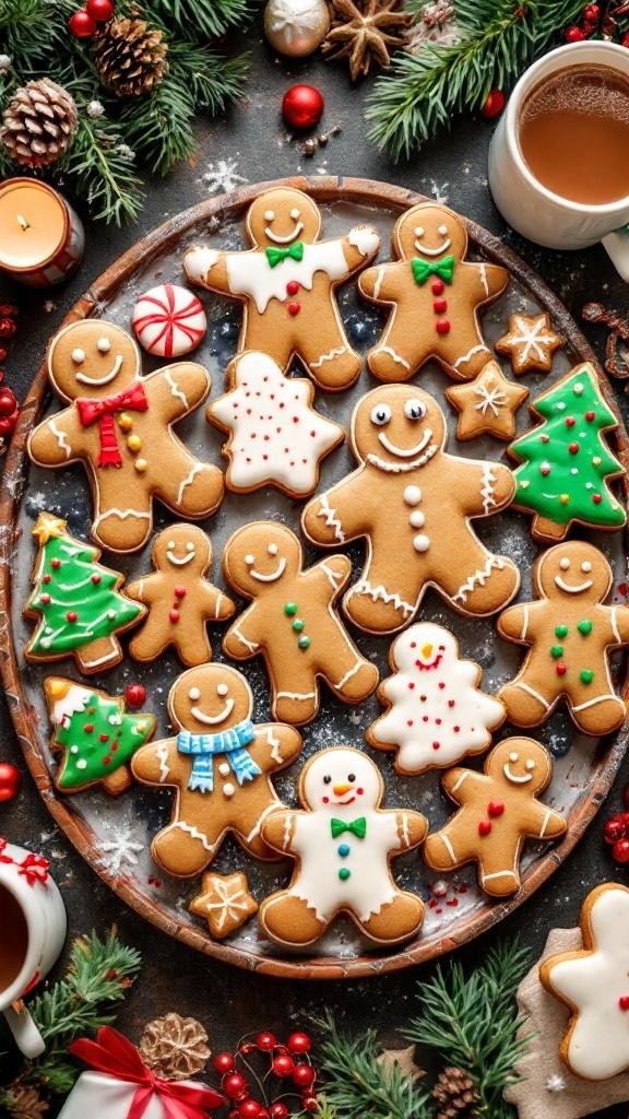 A festive arrangement of gingerbread cookies, a cup of coffee, and holiday decorations.