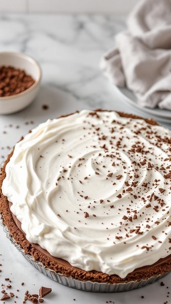 A chocolate cream pie topped with whipped cream and chocolate shavings on a marble countertop.