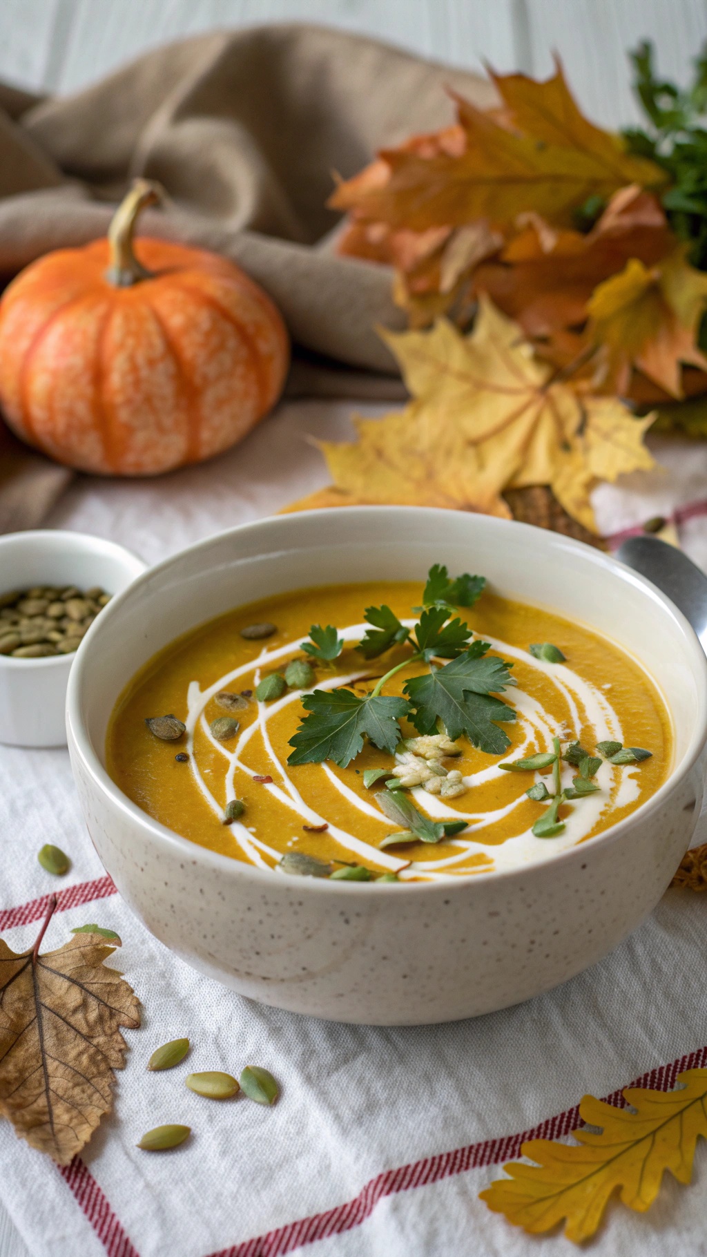 A bowl of creamy pumpkin soup garnished with herbs and seeds, surrounded by autumn leaves and a small pumpkin.