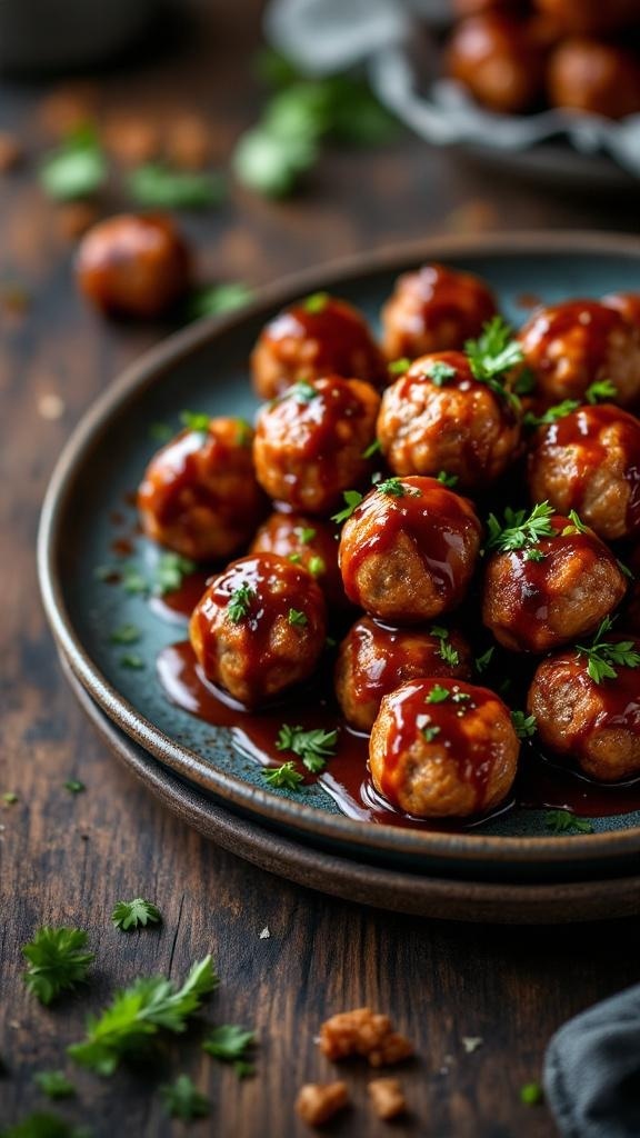 A plate of glossy mini meatballs garnished with parsley, served with barbecue sauce.
