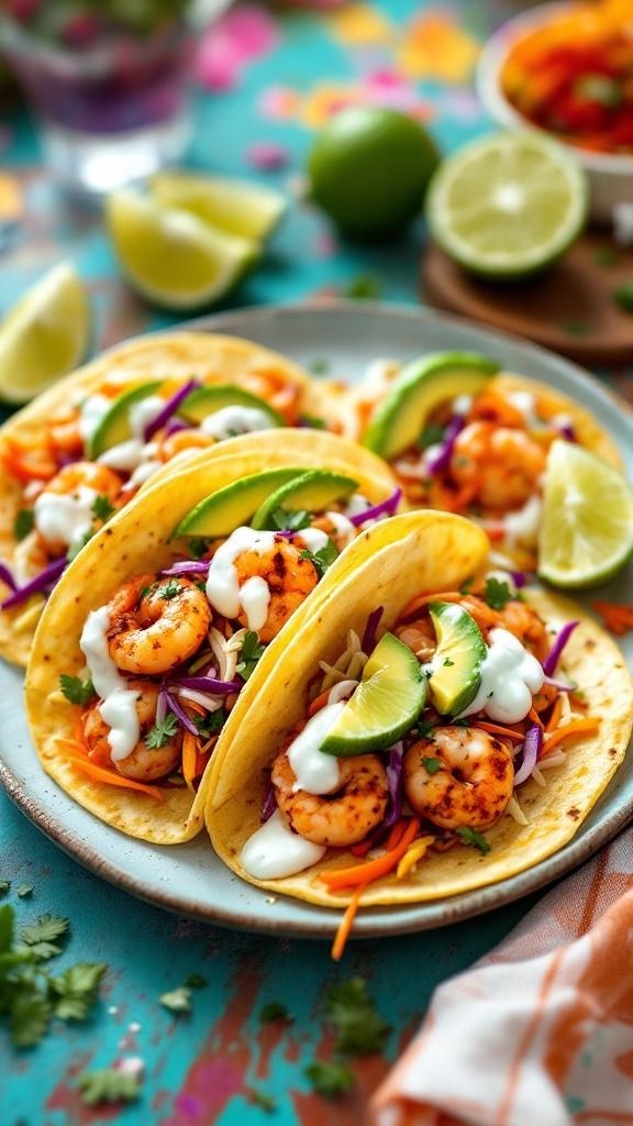 Delicious shrimp tacos topped with lime crema, cabbage, and cilantro on a colorful plate.