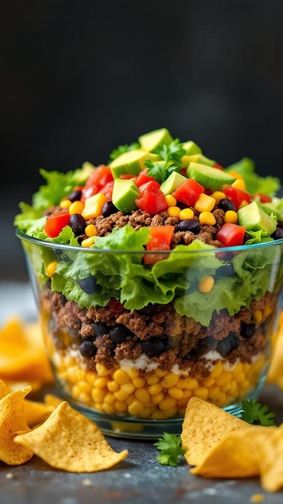 A colorful taco salad layered with ground beef, black beans, corn, lettuce, tomatoes, and avocado, served with tortilla chips.