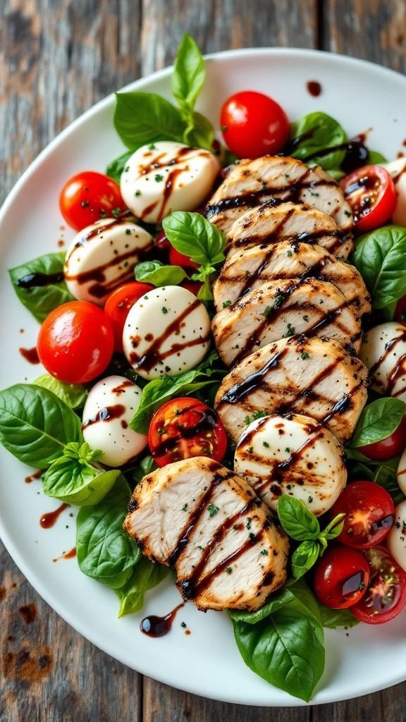 A plate of Caprese salad with grilled chicken, featuring mozzarella, cherry tomatoes, and basil.