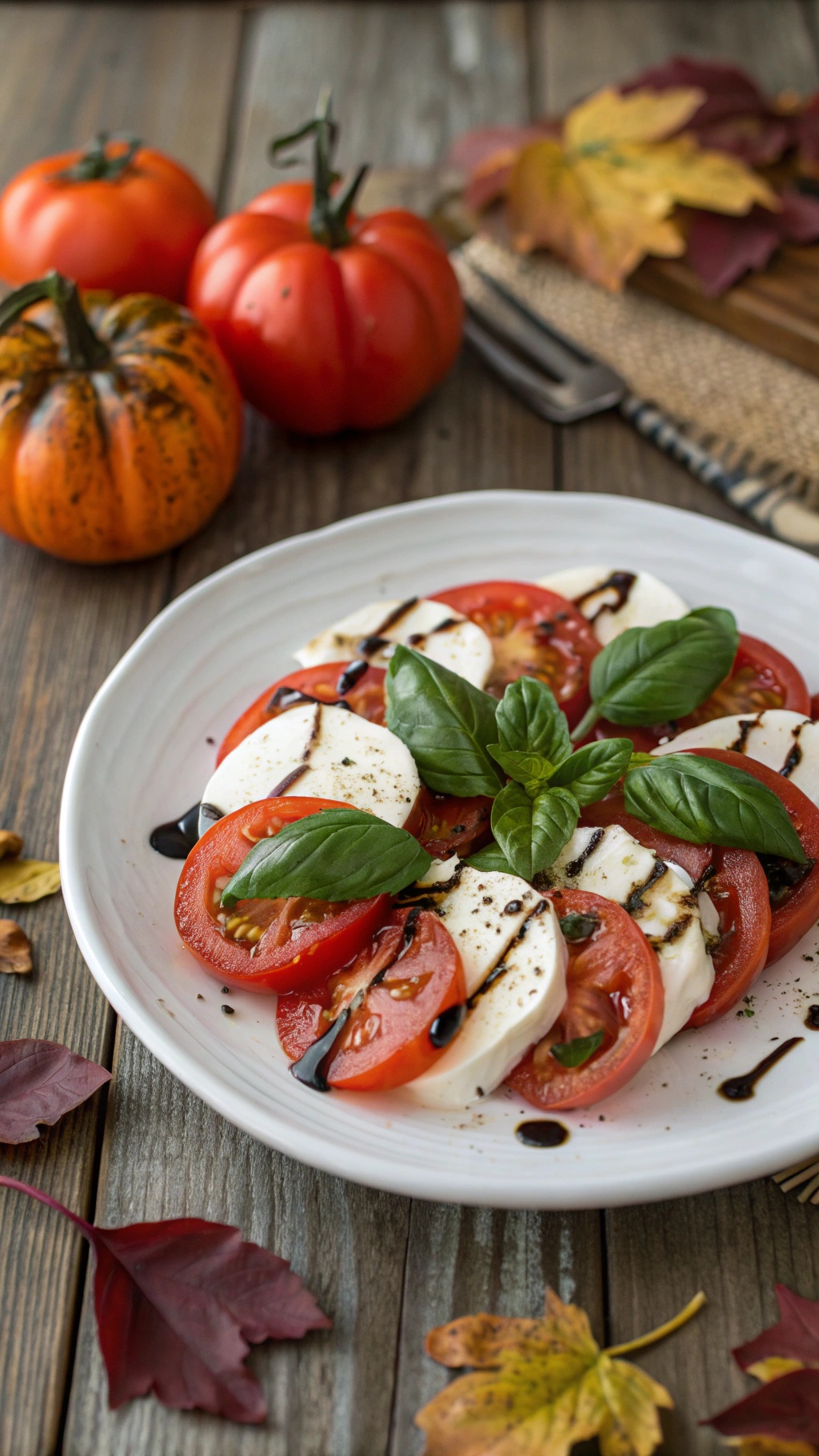 A fresh Caprese salad with tomatoes, mozzarella, and basil on a white plate, surrounded by autumn leaves and pumpkins.