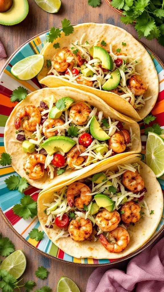 Shrimp tacos with cabbage slaw on a colorful plate, garnished with avocado and lime.