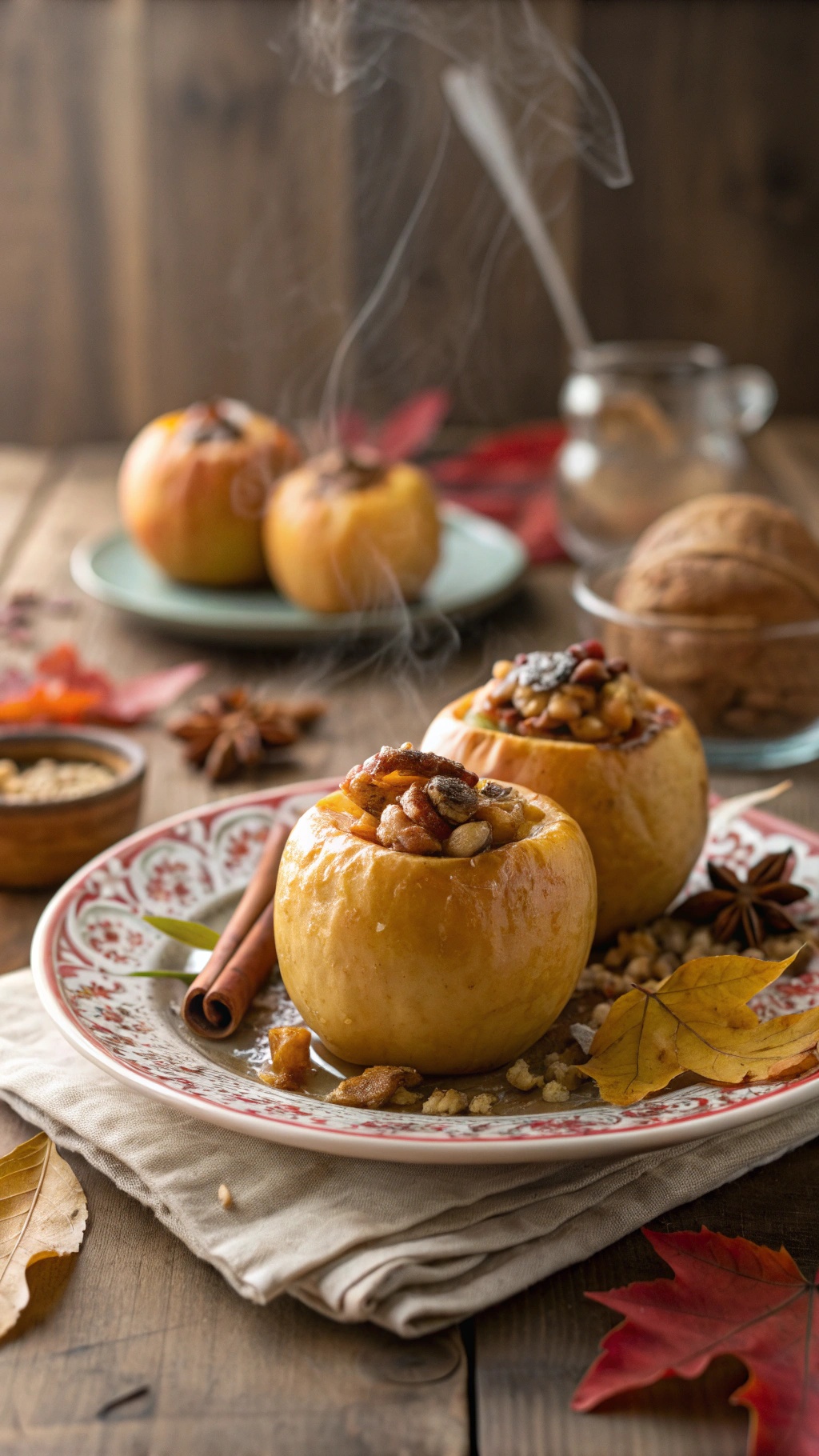 Baked apples filled with nuts and spices, steaming on a decorative plate with autumn leaves.
