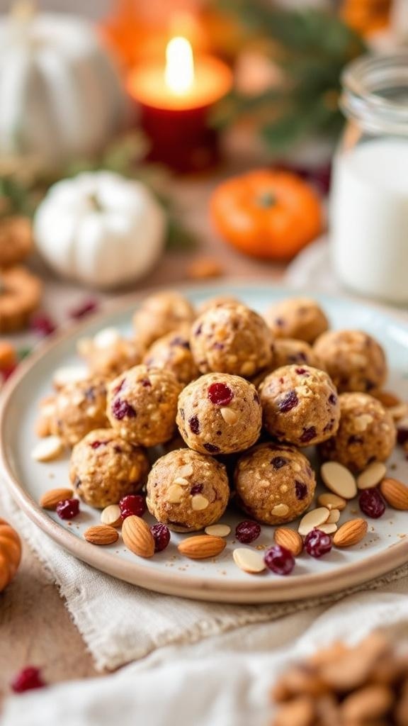 A plate of cranberry almond energy bites surrounded by almonds and festive decorations.