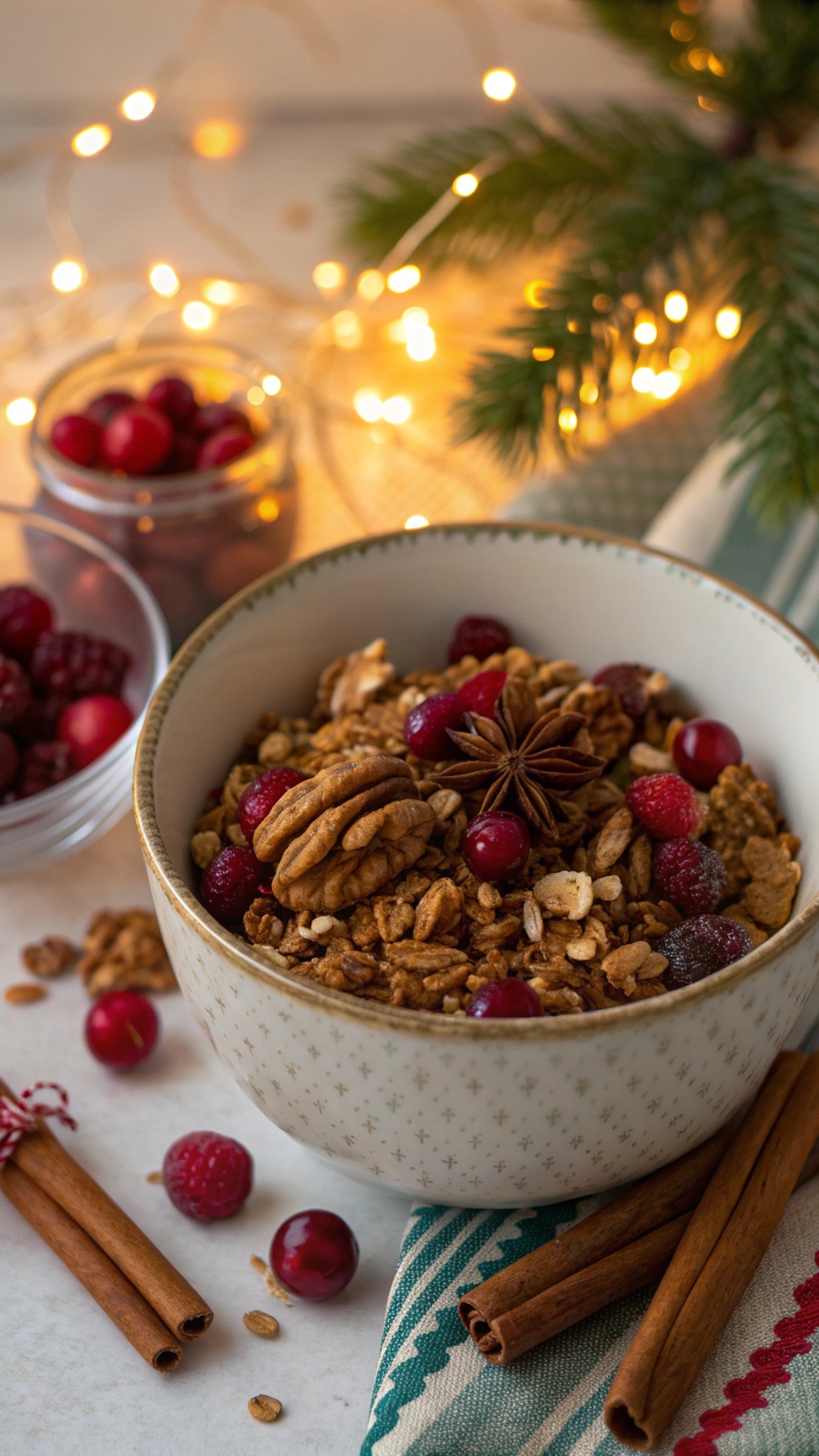 A bowl of cranberry and walnut granola with cinnamon sticks and festive decorations.