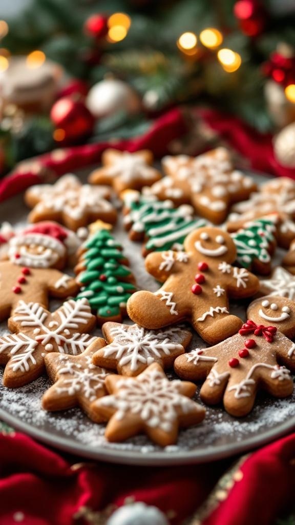 A plate of festive gingerbread cookies shaped like snowflakes, Christmas trees, and gingerbread people, decorated with colorful icing.