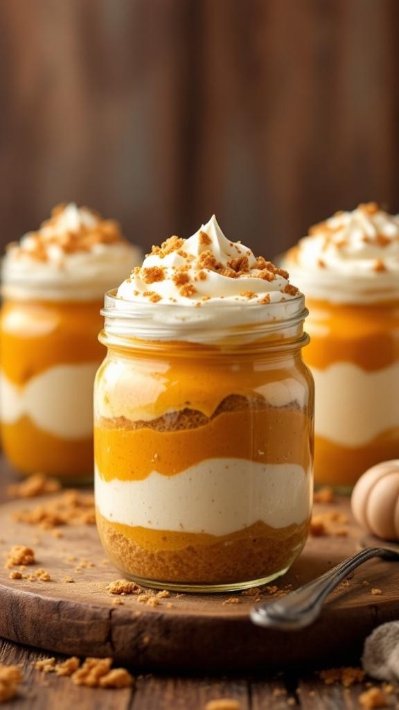 Pumpkin pie parfaits in mason jars with whipped cream and graham cracker crumbs on top.