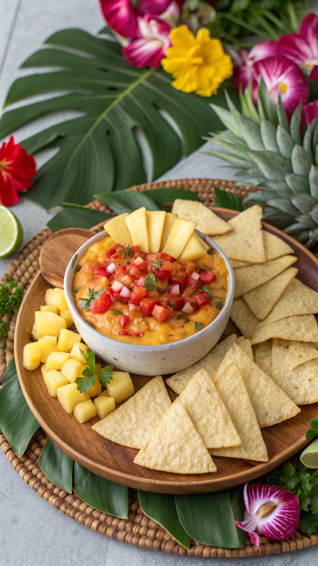 A vibrant cheese board featuring fiery habanero cheese and pineapple salsa, surrounded by tortilla chips and fresh ingredients.