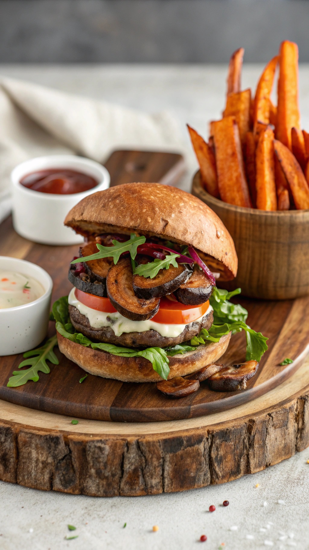 A delicious portobello mushroom burger with fresh vegetables and sweet potato fries