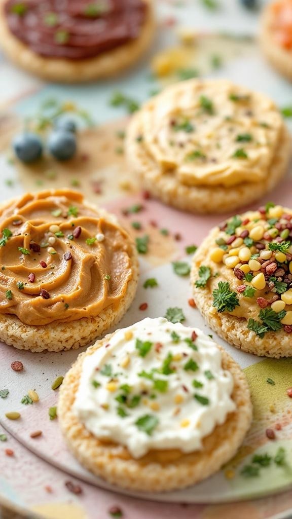An assortment of rice cakes topped with various spreads and garnishes.