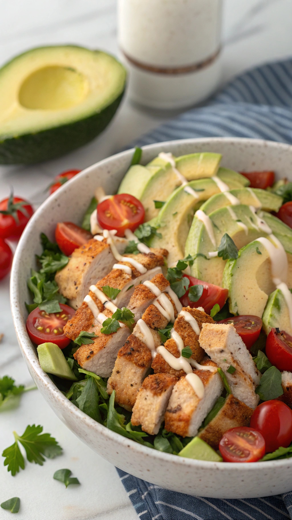 A colorful chicken avocado salad with grilled chicken, sliced avocado, cherry tomatoes, and mixed greens in a bowl.