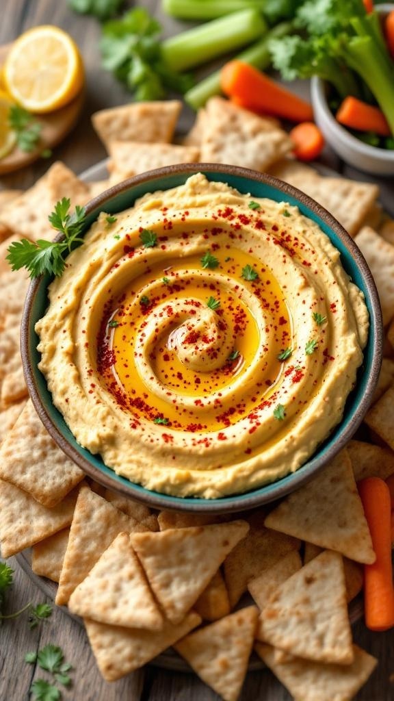 A bowl of creamy hummus topped with olive oil and paprika, surrounded by whole wheat pita chips and fresh vegetables.