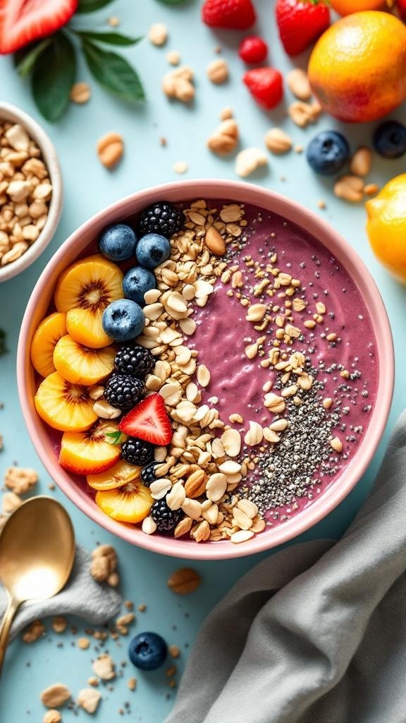 A colorful protein smoothie bowl topped with fruits and granola.