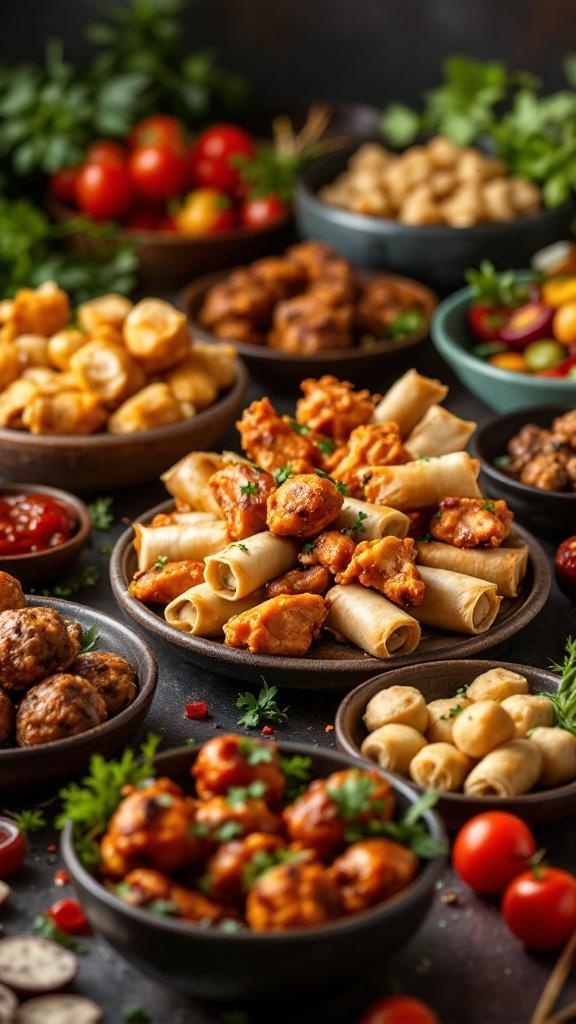 A colorful assortment of finger foods including spring rolls, meatballs, and various dips, perfect for a party.
