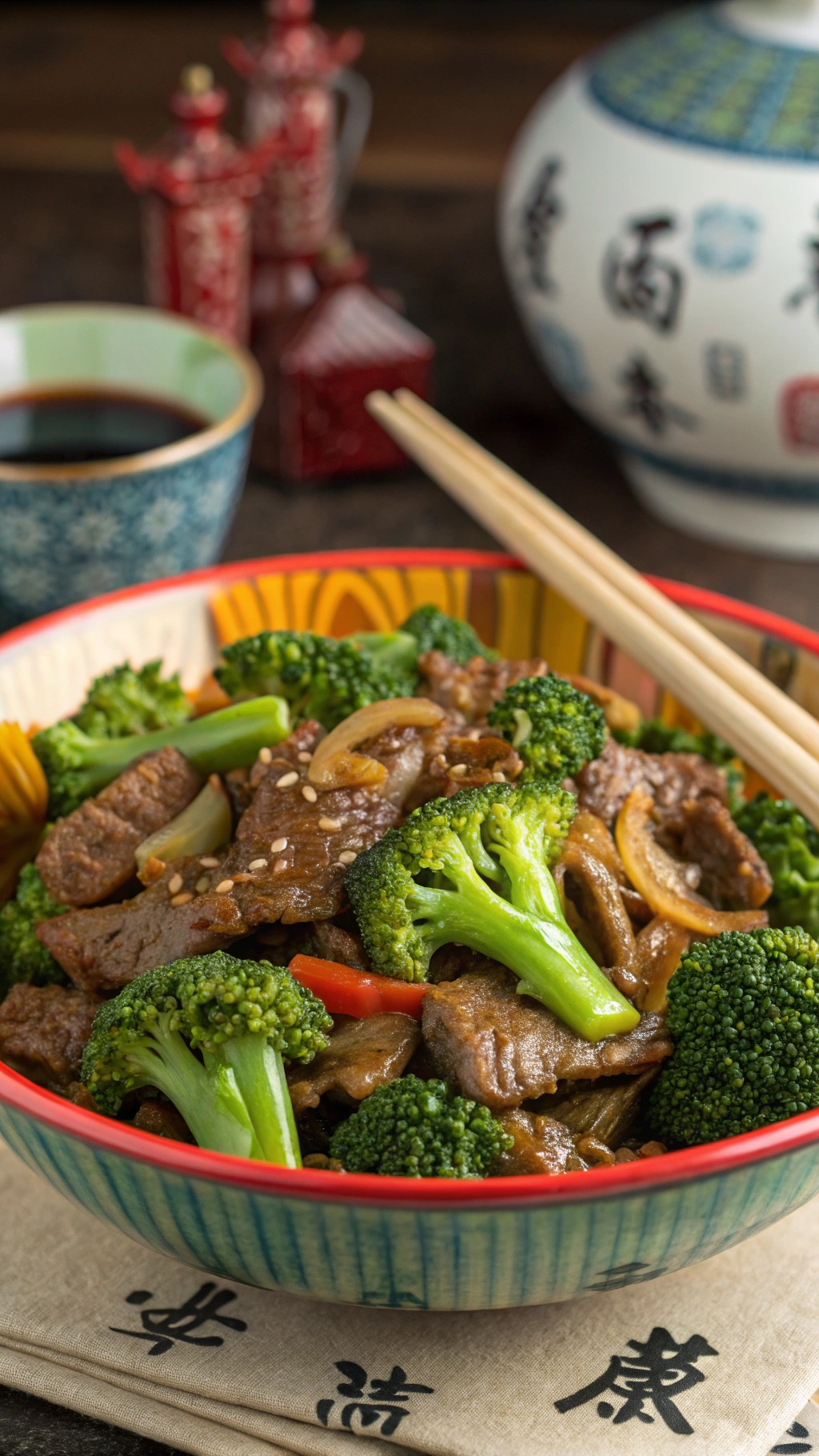 A colorful bowl of beef and broccoli stir-fry with chopsticks, showcasing a delicious meal.