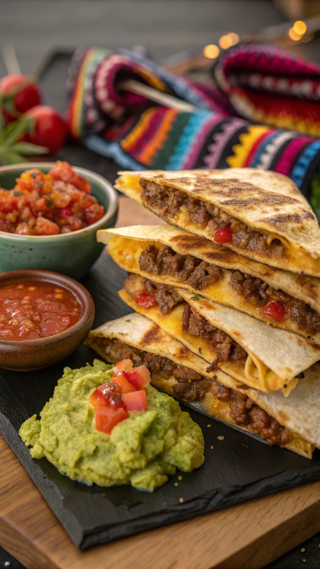 Delicious beef quesadillas with melted cheese served with guacamole and salsa.