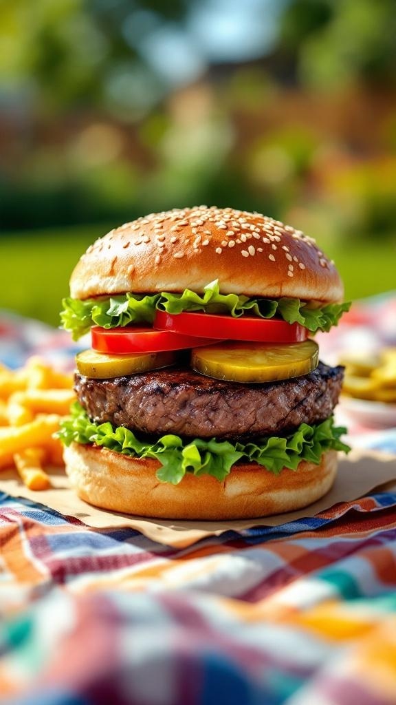 A delicious blade steak burger with lettuce, tomato, pickles, and a sesame seed bun, served with fries.