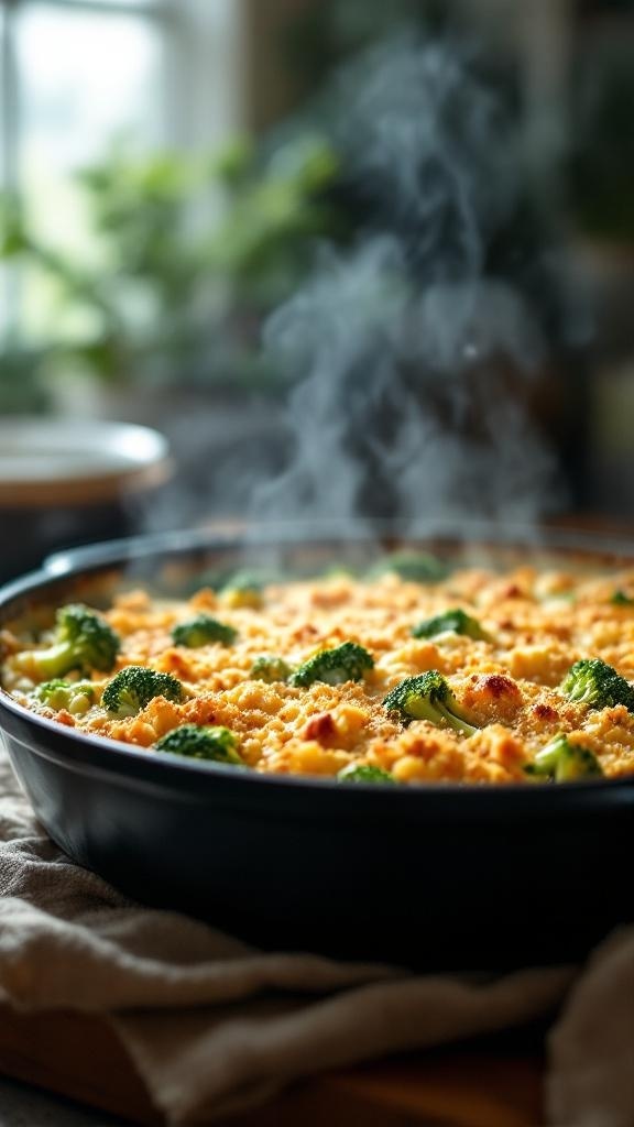 A steaming cottage cheese and broccoli bake in a black dish, topped with a crispy layer, ready to be served.