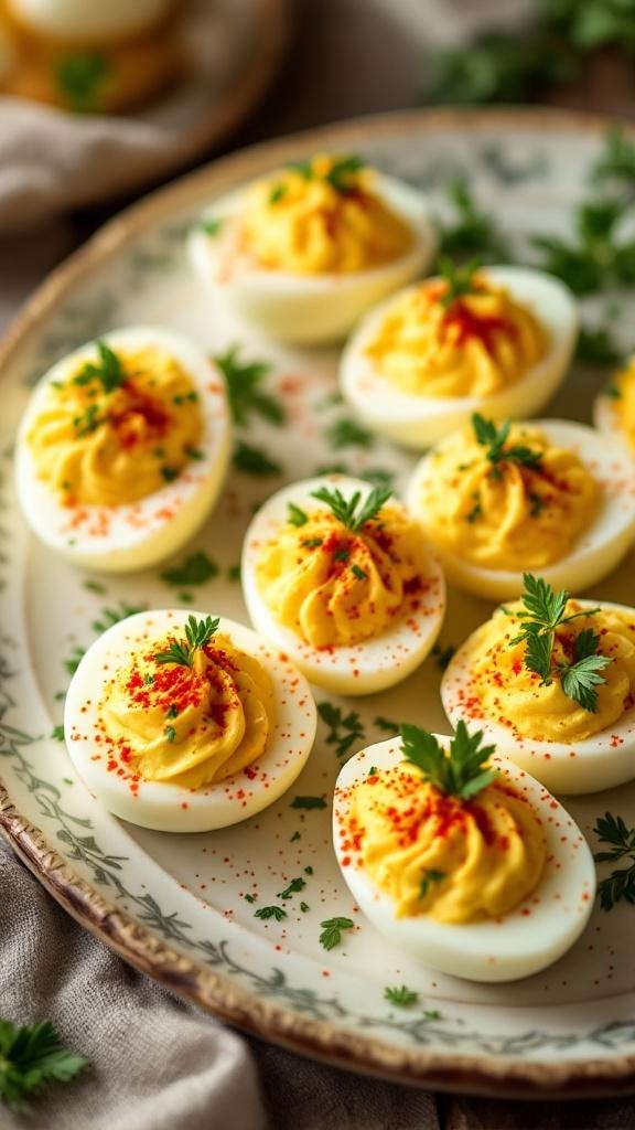 A plate of beautifully presented deviled eggs topped with paprika and parsley.