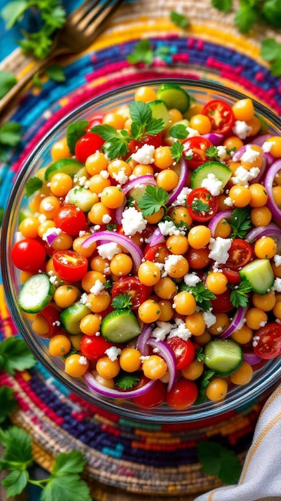 A colorful Mediterranean chickpea salad with tomatoes, cucumbers, red onions, and feta cheese in a glass bowl.