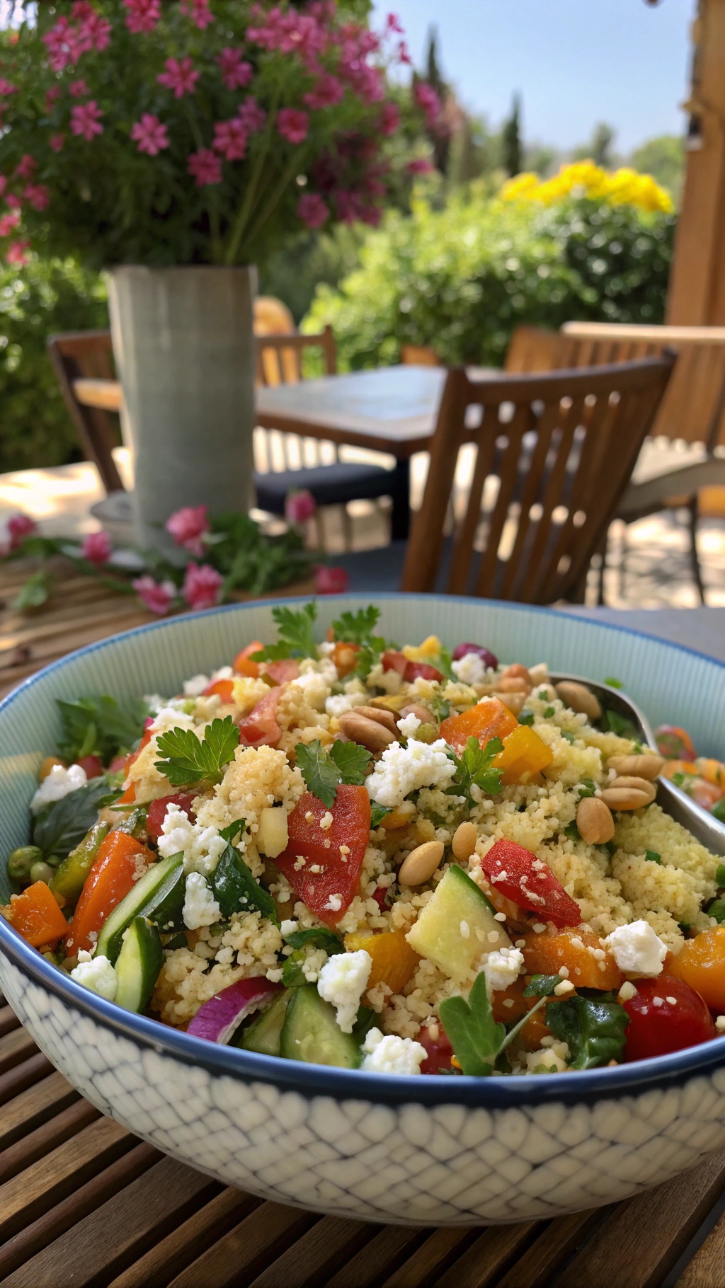 A vibrant bowl of Mediterranean couscous salad with colorful vegetables and feta cheese.