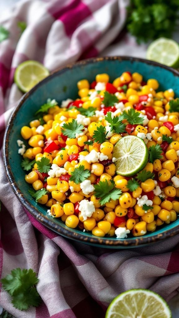 A colorful bowl of Mexican Street Corn Salad with corn, red peppers, cilantro, and lime.