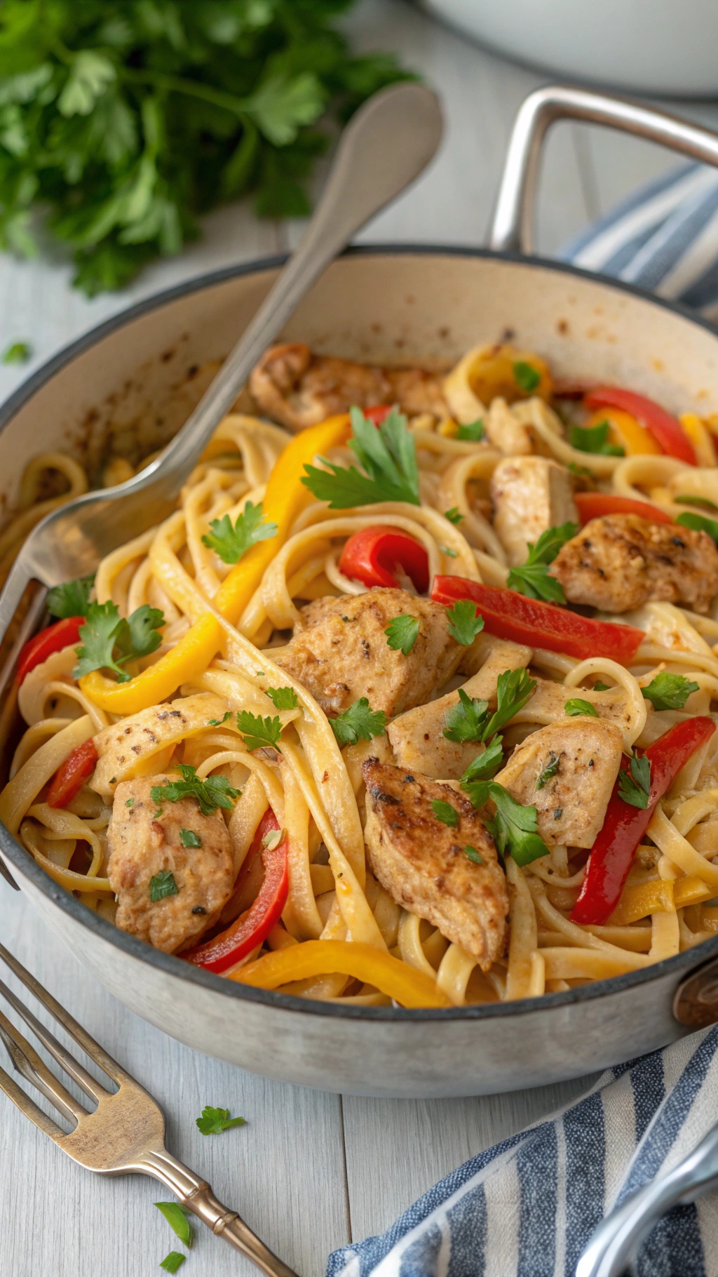 A delicious bowl of Cajun chicken pasta with colorful bell peppers and parsley